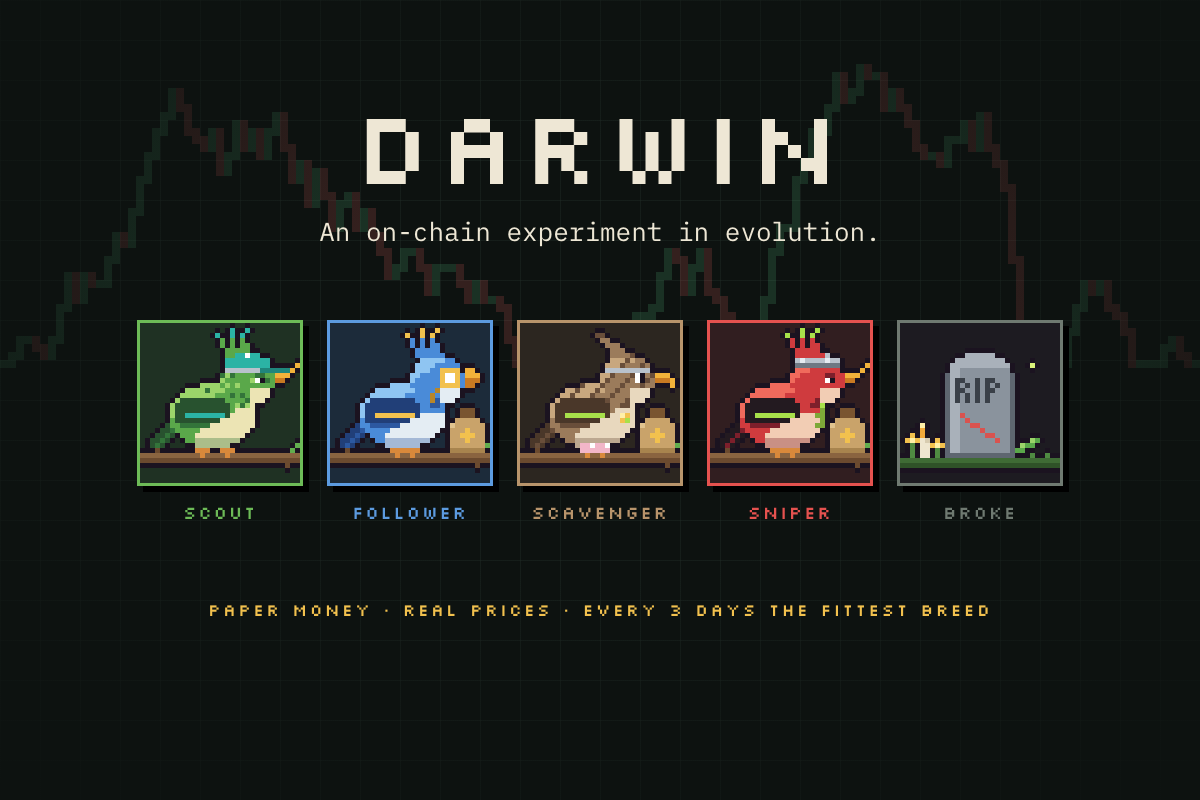 DARWIN: four pixel finches, a Scout, a Follower, a Scavenger and a Sniper, next to a gravestone